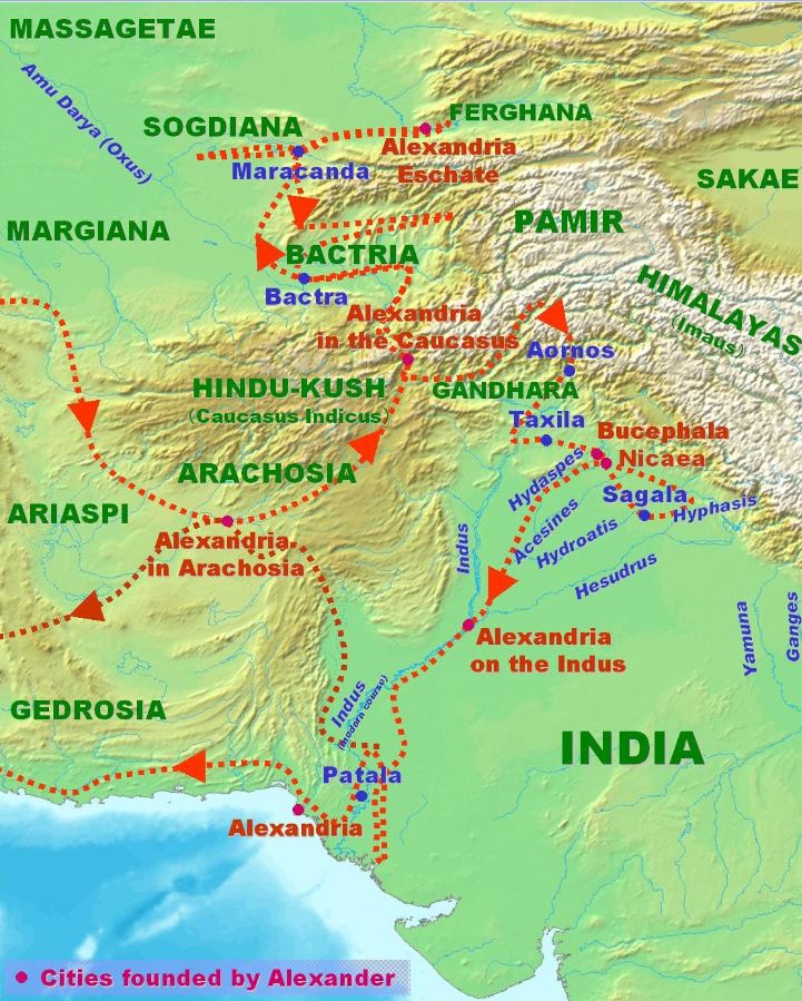 Figura 2. Le località toccate dalle campagne di Alessandro Magno in India.